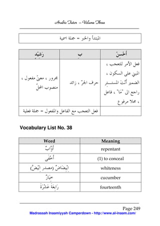 Arabic Tutor – Volume Three


                               =




                                                    " "


         =

Vocabulary List No. 38

             Word                           Meaning
                                            repentant

                                          (1) to conceal

    (           )                           whiteness

                                            cucumber

                                            fourteenth



                                                         Page 249
    Madrassah Inaamiyyah Camperdown - http://www.al-inaam.com/
 