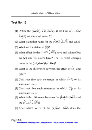 Arabic Tutor – Volume Three


Test No. 16

  (1) Define the (                       ). What kind of (

             ) are there in Lesson 32.

  (2) What is another name for the (                ) and why?

  (3) What are the sisters of ( )?

  (4) What effect do the (                ) have and what effect

     do ( ) and its sisters have? That is, what changes

     occur in the (       ) of (         )?

  (5) What is the difference between the effect of ( ) and

     (     )?

  (6) Construct five such sentences in which (           ) or its
     sisters are used.
  (7) Construct five such sentences in which ( ) or its
     sisters are used.
  (8) What is the difference between the (                   ) and

     the (               )?

  (9) After which verbs of the (                     ) does the



Page 258
    Madrassah Inaamiyyah Camperdown - http://www.al-inaam.com/
 