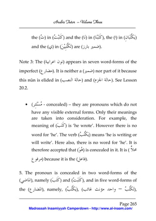 Arabic Tutor – Volume Three


         the ( ) in (        ) and the ( ) in (              ), the ( ) in (   )

         and the ( ) in (         ) are (               ).


Note 3: The (                ) appears in seven word-forms of the

imperfect (            ). It is neither a (          ) nor part of it because

this nūn is elided in (                  ) and (                  ). See Lesson
20.2.


    • (         - concealed) – they are pronouns which do not
         have any visible external forms. Only their meanings
         are taken into consideration. For example, the
         meaning of (          ) is ‘he wrote’. However there is no

         word for ‘he’. The verb (                 ) means ‘he is writing or
         will write’. Here also, there is no word for ‘he’. It is
         therefore accepted that (           ) is concealed in it. It is (

               ) because it is the (          ).


5. The pronoun is concealed in two word-forms of the
(        ), namely (       ) and (       ), and in five word-forms of

the (          ), namely, (           ), (                             –       ),


                                                                        Page 265
        Madrassah Inaamiyyah Camperdown - http://www.al-inaam.com/
 