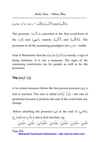 Arabic Tutor – Volume Three


(                    –       ), (   ) and (         ).


The pronoun (            ) is concealed in the first word-form of

the (    ) and (          ), namely (         ) and (           ). The

pronouns of all the remaining paradigms are (               ) – visible.


Note 4: Remember that the ( ) in (             ) is merely a sign of
being feminine. It is not a pronoun. The signs of the
remaining word-forms are for gender as well as for the
pronouns.


The (            )


6. In certain instances before the first person pronoun ( ), a

nūn is inserted. This nūn is called (                    ) – the nūn of
protection because it protects the end of the word from any
change.


Before attaching the pronoun ( ) at the end of (                       ),

(       ) or (   ), a nūn is first inserted, e.g.



Page 266
     Madrassah Inaamiyyah Camperdown - http://www.al-inaam.com/
 