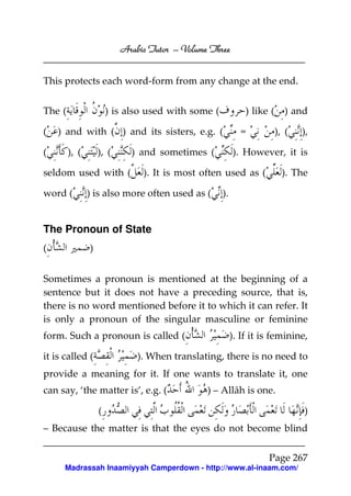 Arabic Tutor – Volume Three


This protects each word-form from any change at the end.


The (                  ) is also used with some (            ) like (     ) and

(   ) and with ( ) and its sisters, e.g. (                  =           ), (   ),

(       ), (       ), (      ) and sometimes (           ). However, it is

seldom used with (             ). It is most often used as (              ). The

word (         ) is also more often used as (       ).


The Pronoun of State
(              )


Sometimes a pronoun is mentioned at the beginning of a
sentence but it does not have a preceding source, that is,
there is no word mentioned before it to which it can refer. It
is only a pronoun of the singular masculine or feminine
form. Such a pronoun is called (                         ). If it is feminine,

it is called (                ). When translating, there is no need to
provide a meaning for it. If one wants to translate it, one
can say, ‘the matter is’, e.g. (               ) – Allāh is one.

                   (                                                           )
– Because the matter is that the eyes do not become blind

                                                                   Page 267
      Madrassah Inaamiyyah Camperdown - http://www.al-inaam.com/
 