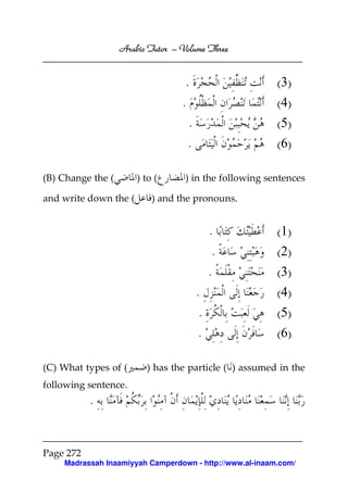 Arabic Tutor – Volume Three


                                   .                     (3)
                                  .                      (4)
                                      .                  (5)
                                      .                  (6)

(B) Change the (       ) to (      ) in the following sentences

and write down the (       ) and the pronouns.


                                              .          (1)
                                               .         (2)
                                              .          (3)
                                          .              (4)
                                          .              (5)
                                          .              (6)

(C) What types of (      ) has the particle ( ) assumed in the
following sentence.
           .


Page 272
    Madrassah Inaamiyyah Camperdown - http://www.al-inaam.com/
 