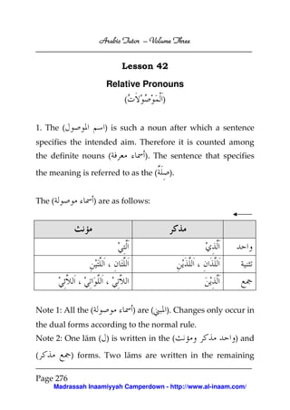 Arabic Tutor – Volume Three


                            Lesson 42

                       Relative Pronouns
                             (             )


1. The (               ) is such a noun after which a sentence
specifies the intended aim. Therefore it is counted among
the definite nouns (                 ). The sentence that specifies

the meaning is referred to as the (            ).


The (               ) are as follows:




Note 1: All the (                ) are (       ). Changes only occur in
the dual forms according to the normal rule.
Note 2: One lām ( ) is written in the (                          ) and

(          ) forms. Two lāms are written in the remaining

Page 276
     Madrassah Inaamiyyah Camperdown - http://www.al-inaam.com/
 