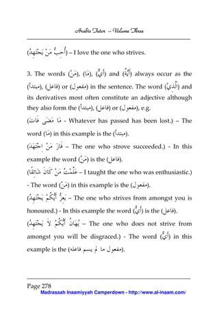 Arabic Tutor – Volume Three


(              ) – I love the one who strives.


3. The words (      ), ( ), (    ) and ( ) always occur as the

(   ), (   ) or (       ) in the sentence. The word (                     ) and
its derivatives most often constitute an adjective although
they also form the (      ), (       ) or (         ), e.g.

(              - Whatever has passed has been lost.) – The

word ( ) in this example is the (              ).

(              – The one who strove succeeded.) - In this

example the word (      ) is the (       ).

(                    – I taught the one who was enthusiastic.)

- The word (    ) in this example is the (               ).

(               – The one who strives from amongst you is

honoured.) - In this example the word (               ) is the (     ).

(                      – The one who does not strive from

amongst you will be disgraced.) - The word (                       ) in this

example is the (                          ).




Page 278
     Madrassah Inaamiyyah Camperdown - http://www.al-inaam.com/
 