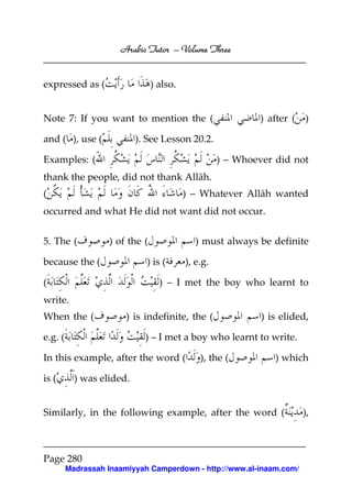 Arabic Tutor – Volume Three


expressed as (                  ) also.


Note 7: If you want to mention the (                         ) after (   )

and ( ), use (             ). See Lesson 20.2.

Examples: (                                         ) – Whoever did not
thank the people, did not thank Allāh.
(                                         ) – Whatever Allāh wanted
occurred and what He did not want did not occur.


5. The (           ) of the (                ) must always be definite

because the (                ) is (       ), e.g.

(                                 ) – I met the boy who learnt to
write.
When the (              ) is indefinite, the (               ) is elided,

e.g. (                       ) – I met a boy who learnt to write.

In this example, after the word (             ), the (          ) which

is (       ) was elided.


Similarly, in the following example, after the word (                    ),



Page 280
         Madrassah Inaamiyyah Camperdown - http://www.al-inaam.com/
 