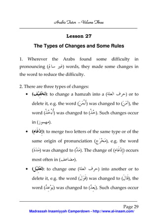 Arabic Tutor – Volume Three


                              Lesson 27

           The Types of Changes and Some Rules

1.   Wherever          the   Arabs     found   some     difficulty   in
pronouncing (                ) words, they made some changes in
the word to reduce the difficulty.

2. There are three types of changes:
     • (        ): to change a hamzah into a (                 ) or to

       delete it, e.g. the word (        ) was changed to (      ), the

       word (          ) was changed to (      ). Such changes occur

       in (       ).

     • (       ): to merge two letters of the same type or of the

       same origin of pronunciation (                 ), e.g. the word

       (      ) was changed to ( ). The change of (           ) occurs

       most often in (            ).

     • (       ): to change one (               ) into another or to

       delete it, e.g. the word (        ) was changed to (      ), the

       word (          ) was changed to (      ). Such changes occur



                                                              Page 29
      Madrassah Inaamiyyah Camperdown - http://www.al-inaam.com/
 