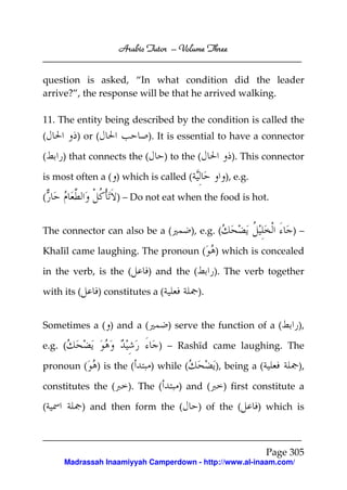 Arabic Tutor – Volume Three


question is asked, “In what condition did the leader
arrive?”, the response will be that he arrived walking.

11. The entity being described by the condition is called the
(        ) or (              ). It is essential to have a connector

(    ) that connects the (          ) to the (           ). This connector

is most often a ( ) which is called (                  ), e.g.

(                    ) – Do not eat when the food is hot.


The connector can also be a (              ), e.g. (                    )–

Khalīl came laughing. The pronoun (               ) which is concealed

in the verb, is the (        ) and the (          ). The verb together

with its (      ) constitutes a (            ).


Sometimes a ( ) and a (              ) serve the function of a (         ),

e.g. (                         ) – Rashīd came laughing. The

pronoun (       ) is the (   ) while (            ), being a (           ),

constitutes the (       ). The (       ) and (         ) first constitute a

(            ) and then form the (           ) of the (          ) which is



                                                                  Page 305
     Madrassah Inaamiyyah Camperdown - http://www.al-inaam.com/
 