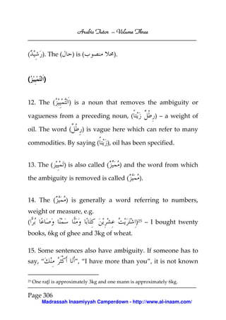 Arabic Tutor – Volume Three


(        ). The (      ) is (            ).


(         )


12. The (            ) is a noun that removes the ambiguity or

vagueness from a preceding noun, (                        ) – a weight of

oil. The word (            ) is vague here which can refer to many

commodities. By saying (              ), oil has been specified.


13. The (           ) is also called (        ) and the word from which

the ambiguity is removed is called (                ).


14. The (           ) is generally a word referring to numbers,
weight or measure, e.g.
(                                                  )25 – I bought twenty
books, 6kg of ghee and 3kg of wheat.

15. Some sentences also have ambiguity. If someone has to
say, “                  ”, “I have more than you”, it is not known

25   One ratl is approximately 3kg and one mann is approximately 6kg.

Page 306
         Madrassah Inaamiyyah Camperdown - http://www.al-inaam.com/
 