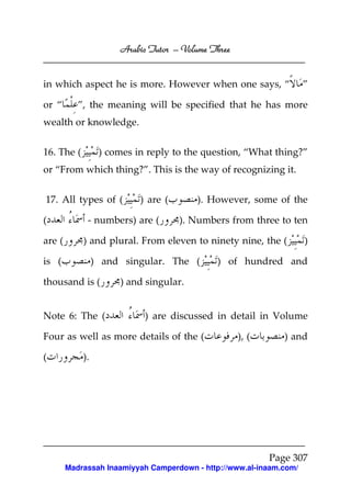 Arabic Tutor – Volume Three


in which aspect he is more. However when one says, “                 ”

or “       ”, the meaning will be specified that he has more
wealth or knowledge.


16. The (         ) comes in reply to the question, “What thing?”
or “From which thing?”. This is the way of recognizing it.


17. All types of (         ) are (      ). However, some of the

(            - numbers) are (        ). Numbers from three to ten

are (       ) and plural. From eleven to ninety nine, the (          )

is (             ) and singular. The (       ) of hundred and

thousand is (         ) and singular.


Note 6: The (               ) are discussed in detail in Volume

Four as well as more details of the (               ), (      ) and

(           ).




                                                           Page 307
        Madrassah Inaamiyyah Camperdown - http://www.al-inaam.com/
 