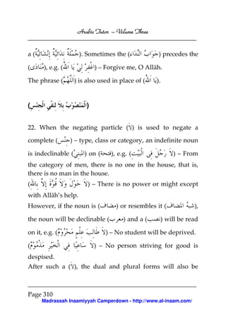 Arabic Tutor – Volume Three


a(                    ). Sometimes the (            ) precedes the

(      ), e.g. (             ) – Forgive me, O Allāh.

The phrase (        ) is also used in place of (   ).


(                        )


22. When the negating particle ( ) is used to negate a

complete (         ) – type, class or category, an indefinite noun

is indeclinable (       ) on (    ), e.g. (               ) – From
the category of men, there is no one in the house, that is,
there is no man in the house.
(                        ) – There is no power or might except
with Allāh’s help.
However, if the noun is (           ) or resembles it (            ),

the noun will be declinable (          ) and a (    ) will be read

on it, e.g. (                    ) – No student will be deprived.

(                            ) – No person striving for good is
despised.
After such a ( ), the dual and plural forms will also be



Page 310
      Madrassah Inaamiyyah Camperdown - http://www.al-inaam.com/
 