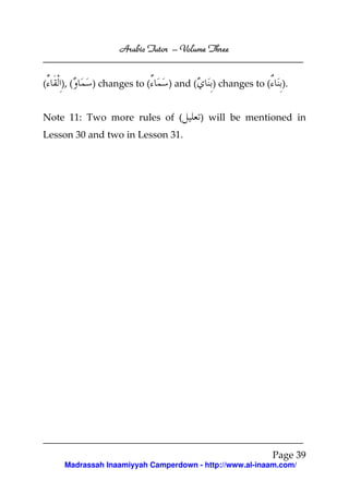 Arabic Tutor – Volume Three


(   ), (   ) changes to (      ) and (     ) changes to (     ).


Note 11: Two more rules of (             ) will be mentioned in
Lesson 30 and two in Lesson 31.




                                                            Page 39
     Madrassah Inaamiyyah Camperdown - http://www.al-inaam.com/
 