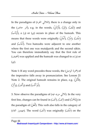 Arabic Tutor – Volume Three


In the paradigms of (                  ), there is a change only in

the (            ), e.g. in the words, (         ), (     ), (      ) and

(        ), a ( ) or ( ) occurs in place of the hamzah. This

means that these words were originally (                 ), (     ), (      )

and (         ). Two hamzahs were adjacent to one another
where the first one was mutaharrik and the second sākin.
You can therefore immediately say that the first rule of
(         ) was applied and the hamzah was changed to a ( ) or

( ).


Note 1: If any word precedes these words, the (                          ) of
the imperative falls away in pronunciation. See Lesson 21
Note 2. The original hamzah remains in place, e.g. (                       ),

(      ), (   ) and (         ).


3. Now observe the paradigms of (                         ). In the very

first line, changes can be found in (         ), (      ) and (          ) in

the paradigm of (          ). This verb also falls in the category of

(             ). The word (         ) was originally (           ) on the


Page 44
        Madrassah Inaamiyyah Camperdown - http://www.al-inaam.com/
 