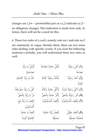 Arabic Tutor – Volume Three


changes are (      – permissible) just as a ( ) indicates (       -
an obligatory change). This indication is made here only. In
future, there will not be a need for this.


6. These two rules of (      ), namely rule no.1 and rule no.2
are commonly in vogue. Besides them, there are two more
rules dealing with specific words. If you read the following
sentences carefully, you will understand these two rules as
well.


                                                           ( 1)

                                                           ( 2)

                                                           ( 3)
                                                           ( 4)
                                                           ( 5)

                                                           ( 6)


                                                        Page 47
     Madrassah Inaamiyyah Camperdown - http://www.al-inaam.com/
 