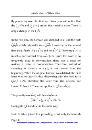 Arabic Tutor – Volume Three


By pondering over the first four lines, you will notice that
the (         ) and (          ) are on their original state. There is

only a change in the (         ).


In the first line, the hamzah was changed to a ( ) in the verb

(       ) which originally was (           ). However, in the second

line, the (    ) of (     ) is (    ) and not (    ). The word (   ) is

in actual fact formed from (              ), but since this word is so
frequently used in conversation, there was a need for
making it easier in pronunciation. Therefore, instead of
changing its hamzah to a ( ), it was deleted from the
beginning. When the original hamzah was deleted, the next
letter was mutaharrik, thus dispensing with the need for a
(              ). Therefore the latter was also deleted. See

Lesson 21 Note 1. The same applies to (            ) and ( ).


The paradigm of (          ) will be as follows:



Conjugate (       ) and ( ) in the same way.


Note 3: When joined to a preceding word, only the hamzah

Page 48
        Madrassah Inaamiyyah Camperdown - http://www.al-inaam.com/
 