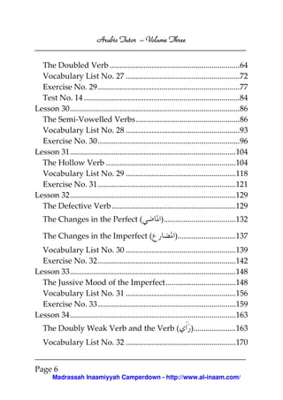 Arabic Tutor – Volume Three


  The Doubled Verb .................................................................64
  Vocabulary List No. 27 .........................................................72
  Exercise No. 29 .......................................................................77
  Test No. 14 ..............................................................................84
Lesson 30.....................................................................................86
  The Semi-Vowelled Verbs....................................................86
  Vocabulary List No. 28 .........................................................93
  Exercise No. 30 .......................................................................96
Lesson 31...................................................................................104
  The Hollow Verb .................................................................104
  Vocabulary List No. 29 .......................................................118
  Exercise No. 31 .....................................................................121
Lesson 32...................................................................................129
  The Defective Verb ..............................................................129
   The Changes in the Perfect (                         )....................................132

   The Changes in the Imperfect (                              ).............................137
  Vocabulary List No. 30 .......................................................139
  Exercise No. 32 .....................................................................142
Lesson 33...................................................................................148
  The Jussive Mood of the Imperfect...................................148
  Vocabulary List No. 31 .......................................................156
  Exercise No. 33 .....................................................................159
Lesson 34...................................................................................163
   The Doubly Weak Verb and the Verb (                                ).....................163
   Vocabulary List No. 32 .......................................................170


Page 6
       Madrassah Inaamiyyah Camperdown - http://www.al-inaam.com/
 
