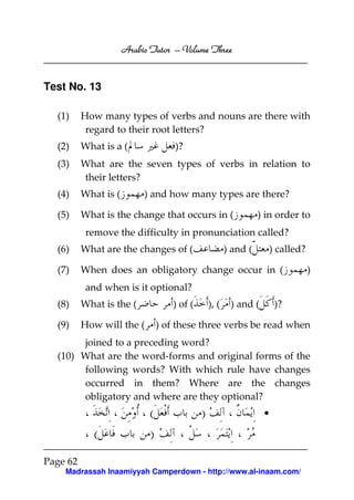 Arabic Tutor – Volume Three


Test No. 13

  (1)     How many types of verbs and nouns are there with
           regard to their root letters?
  (2)     What is a (               )?
  (3)     What are the seven types of verbs in relation to
          their letters?
  (4)     What is (        ) and how many types are there?

  (5)     What is the change that occurs in (                    ) in order to
           remove the difficulty in pronunciation called?
  (6)     What are the changes of (                    ) and (        ) called?

  (7)     When does an obligatory change occur in (                               )
           and when is it optional?
  (8)     What is the (            ) of (       ), (    ) and (        )?

  (9)     How will the (        ) of these three verbs be read when
       joined to a preceding word?
  (10) What are the word-forms and original forms of the
       following words? With which rule have changes
       occurred in them? Where are the changes
       obligatory and where are they optional?
                            (               )                     •

             (              )
Page 62
    Madrassah Inaamiyyah Camperdown - http://www.al-inaam.com/
 