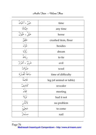 Arabic Tutor – Volume Three


                                         time

                                      any time

                                        horse

                                 crushed item, flour

                                       besides

                                       dream

                                        to tie

                                         evil

                                        wool

                                  time of difficulty

                               leg (of animal or table)

                                       revealer

                                       meeting

                                      had it not

                                     no problem

                                       to come

                                         nail


Page 76
    Madrassah Inaamiyyah Camperdown - http://www.al-inaam.com/
 