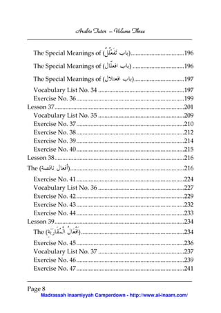Arabic Tutor – Volume Three


   The Special Meanings of (                                )..................................196

   The Special Meanings of (                                ) .................................196

   The Special Meanings of (                                  )................................197
  Vocabulary List No. 34 .......................................................197
  Exercise No. 36 .....................................................................199
Lesson 37...................................................................................201
  Vocabulary List No. 35 .......................................................209
  Exercise No. 37 .....................................................................210
  Exercise No. 38 .....................................................................212
  Exercise No. 39 .....................................................................214
  Exercise No. 40 .....................................................................215
Lesson 38...................................................................................216
The (                  ).........................................................................216
  Exercise No. 41 .....................................................................224
  Vocabulary List No. 36 .......................................................227
  Exercise No. 42 .....................................................................229
  Exercise No. 43 .....................................................................232
  Exercise No. 44 .....................................................................233
Lesson 39...................................................................................234
   The (                     )..................................................................234
   Exercise No. 45 .....................................................................236
   Vocabulary List No. 37 .......................................................237
   Exercise No. 46 .....................................................................239
   Exercise No. 47 .....................................................................241


Page 8
       Madrassah Inaamiyyah Camperdown - http://www.al-inaam.com/
 