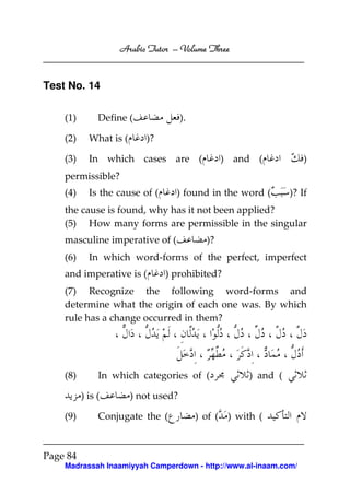 Arabic Tutor – Volume Three


Test No. 14

    (1)        Define (               ).

    (2)     What is (      )?

    (3)     In which cases are (                  ) and (            )
    permissible?
    (4)     Is the cause of (     ) found in the word (          )? If
    the cause is found, why has it not been applied?
    (5) How many forms are permissible in the singular
    masculine imperative of (                )?
    (6)     In which word-forms of the perfect, imperfect
    and imperative is (         ) prohibited?
    (7) Recognize the following word-forms and
    determine what the origin of each one was. By which
    rule has a change occurred in them?




    (8)        In which categories of (                ) and (

          ) is (        ) not used?

    (9)        Conjugate the (             ) of ( ) with (



Page 84
    Madrassah Inaamiyyah Camperdown - http://www.al-inaam.com/
 