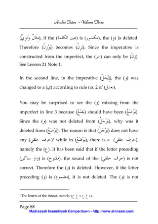 Arabic Tutor – Volume Three


(               ), if the (               ) is (        ), the ( ) is deleted.

Therefore (             ) becomes (           ). Since the imperative is

constructed from the imperfect, the (                    ) can only be (    ).
See Lesson 21 Note 1.


In the second line, in the imperative (                       ), the ( ) was

changed to a ( ) according to rule no. 2 of (                   ).


You may be surprised to see the ( ) missing from the

imperfect in line 3 because (                  ) should have been (         ).

Since the ( ) was not deleted from (                         ), why was it

deleted from (              ). The reason is that (          ) does not have

any (                   )2 while in (          ), there is a (              ),

namely the ( ). It has been said that if the letter preceding

(              ) is (         ), the sound of the (                  ) is not

correct. Therefore the ( ) is deleted. However, if the letter

preceding ( ) is (                  ), it is not deleted. The ( ) is not


2   The letters of the throat, namely (            ).


Page 88
         Madrassah Inaamiyyah Camperdown - http://www.al-inaam.com/
 