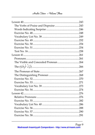 Arabic Tutor – Volume Three


Lesson 40...................................................................................243
  The Verbs of Praise and Dispraise ....................................243
  Words Indicating Surprise .................................................246
  Exercise No. 48 .....................................................................248
  Vocabulary List No. 38 .......................................................249
  Exercise No. 49 .....................................................................252
  Exercise No. 50 .....................................................................254
  Exercise No. 51 .....................................................................254
  Test No. 16 ............................................................................258
Lesson 41...................................................................................261
  Pronouns...............................................................................261
  The Visible and Concealed Pronoun ................................264
   The (                 ) ......................................................................266
  The Pronoun of State...........................................................267
  The Distinguishing Pronoun .............................................268
  Exercise No. 52 .....................................................................270
  Exercise No. 53 .....................................................................271
  Vocabulary List No. 39 .......................................................273
  Exercise No. 54 .....................................................................274
Lesson 42...................................................................................276
  Relative Pronouns ...............................................................276
  Exercise No. 55 .....................................................................282
  Vocabulary List No. 40 .......................................................286
  Exercise No. 56 .....................................................................288
  Exercise No. 57 .....................................................................290
  Exercise No. 58 .....................................................................291


                                                                                         Page 9
       Madrassah Inaamiyyah Camperdown - http://www.al-inaam.com/
 