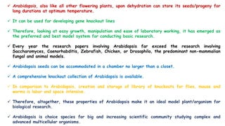  Arabidopsis, also like all other flowering plants, upon dehydration can store its seeds/progeny for
long durations at optimum temperature.
 It can be used for developing gene knockout lines
 Therefore, looking at easy growth, manipulation and ease of laboratory working, it has emerged as
the preferred and best model system for conducting basic research.
 Every year the research papers involving Arabidopsis far exceed the research involving
Saccharomyces, Caenorhabditis, Zebrafish, Chicken, or Drosophila, the predominant non-mammalian
fungal and animal models.
 Arabidopsis seeds can be accommodated in a chamber no larger than a closet.
 A comprehensive knockout collection of Arabidopsis is available.
 In comparison to Arabidopsis, creation and storage of library of knockouts for flies, mouse and
worms is labor and space intensive.
 Therefore, altogether, these properties of Arabidopsis make it an ideal model plant/organism for
biological research.
 Arabidopsis is choice species for big and increasing scientific community studying complex and
advanced multicellular organisms.
 