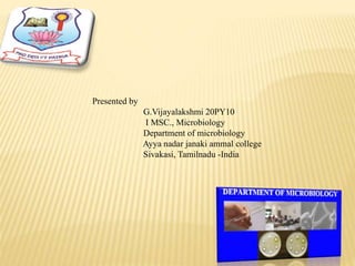 Presented by
G.Vijayalakshmi 20PY10
I MSC., Microbiology
Department of microbiology
Ayya nadar janaki ammal college
Sivakasi, Tamilnadu -India
 