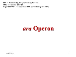 ara Operon
4/4/2020 1
SOS in Biochemistry, Jiwaji University, Gwalior
M.Sc. II Semester (2019-20)
Paper BCH 201: Fundamentals of Molecular Biology (Unit III)
 