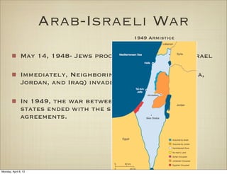 Arab-Israeli War
                                            1949 Armistice


               May 14, 1948- Jews proclaimed the state of Israel

               Immediately, Neighboring nations (Egypt, Syria,
               Jordan, and Iraq) invaded Israel

               In 1949, the war between Israel and the Arab
               states ended with the signing of armistice
               agreements.




Monday, April 8, 13
 
