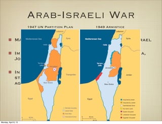 Arab-Israeli War
                      1947 UN Partition Plan   1949 Armistice


               May 14, 1948- Jews proclaimed the state of Israel

               Immediately, Neighboring nations (Egypt, Syria,
               Jordan, and Iraq) invaded Israel

               In 1949, the war between Israel and the Arab
               states ended with the signing of armistice
               agreements.




Monday, April 8, 13
 