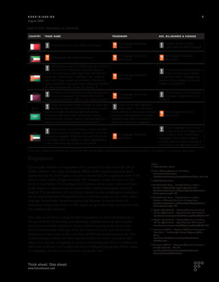 Arabicization                                                                                                                                                                                5
August 2009

Gaps in GCC regulations on branding*

 Country         Trade Name                                                              TradeMark                                          Ads, Billboards  Signage

  Bahrain
                                                                                         	      No language restrictions                    	      Designs should be either
                        Trade names must be in Arabic and English.
                                                                                         	      were found.                                 	      100% Arabic or 50/50 (bilingual)1

   Kuwait
                                                                                         	      No language restrictions                    	      No language restrictions
                 	      No language restrictions were found.
                                                                                         	      were found.                                 	      were found.

                 	    Trade names must be in Arabic and be consistent
                  	   with the moral standards and public habits of                                                                         	    The inclusion of Arabic appears
   Oman          Oman. For companies with capital over 100,000 RO,                                                                          	    to be required, but no details
                                                                                         	      No language restrictions
                 words like “international,” “overseas,” etc., may be                                                                       are specified. Arabic messages and
                                                                                         	      were found.
                 used, and foreign names are permitted if there is no                                                                       artwork must be located above any
                 Arabic translation. Companies with capital over 50,000                                                                     English counterparts.3
                 RO may use words like “Oman” or “Omani.”2
    Qatar        	    No trade name restrictions around language were                                                                       	    The company name should be
                                                                                         	      No language restrictions
                 	    found. A registration fee of QAR 500 exists for                                                                       	    displayed in both Arabic and
                                                                                         	      were found.
                 Arabic names and QAR 1,000 for non-Arabic names.4                                                                          English.5
                 	    Trade names shall consist of Arabic or Arabicized                  	     There are no laws regarding
   Saudi         	    words and may not include foreign words except:                    	     Arabicization. The company’s
   Arabia        names of foreign companies registered abroad;                           name shall be its trade name and may               	      No language restrictions
                 companies with well-known international names;                          include a novel appellation or words               	      were found.
                 and companies of mixed capital, to be specified by a                    relating to the type of commerce in
                 decision issued by the Minister of Commerce.6                           which the company is engaged.7
                                                                                                                                            	     Arabic language should cover
                 	     Trade names should be Arabic in form and spirit
                                                                                                                                            	     at least 50% of the design’s total
    UAE          	     and indicative of the type of activity in which the
                                                                                         	      No language restrictions                    area. However, other international
                 company is engaged. Additional fees exist for the use
                                                                                         	      were found.                                 languages can be used alongside,
                 of a foreign name, for English or Arabic abbreviations,
                                                                                                                                            provided that the Arabic language is
                 or for a name that has an Arabicized word.8
                                                                                                                                            on the top or the right-hand side.9
* his chart is meant as an overview only, and may not reflect the full range or intent of legal regulations in each country. It is not intended as a substitute for legal counsel.
 T

Regulations
                                                                                                                                   Sources:
Occasionally the laws and regulations of a country, when they favor the use of                                                     1. ENG Worldwide, Bahrain

Arabic, influence the range of solutions. While Arabic requirements may seem                                                       2. Oman Ministry of Commerce and Industry –
                                                                                                                                      
                                                                                                                                      Controlling the Trade Names
appropriate for the Gulf region, one must consider that the population of the Gulf                                                    http://www.mocioman.gov.om/english/Investors/Rules_new1.html
states in total consists of approximately 50% foreigners, many of whom do not                                                      3. ENG Worldwide, Oman
speak or read Arabic. The resulting mix of cultures forces many consumer brands                                                    4. he World Bank Group – Starting A Business in Qatar –
                                                                                                                                     T
in the region to communicate in a universally understood language (typically                                                         Procedure 1, Application for approval of proposed name
                                                                                                                                     http://www.doingbusiness.org/ExploreTopics/StartingBusiness/
English). The prominence of non-Arabic speakers in this multilingual marketplace                                                     Details.aspx?economyid=157
has prompted legislation designed to protect and encourage the use of the native                                                   5. he World Bank Group – Starting A Business in Qatar –
                                                                                                                                     T
language. Surprisingly, regulations governing language in brand names and                                                            Procedure 6, Obtaining trade license and signage license
                                                                                                                                     http://www.doingbusiness.org/ExploreTopics/StartingBusiness/
marketing-related information in the region are generally scarce, inconsistent and                                                   Details.aspx?economyid=157
not systematically enforced.                                                                                                       6. Kingdom of Saudi Arabia – Ministry of Commerce  Industry
                                                                                                                                      
                                                                                                                                      The Law of Trade Names – Royal Decree No. M/15, Article 3
                                                                                                                                      http://www.commerce.gov.sa/english/print.aspx?PageObjectId=726
The chart above shows a range of legal requirements in the Gulf pertaining to
                                                                                                                                   7. Kingdom of Saudi Arabia – Ministry of Commerce  Industry
                                                                                                                                      
the use of Arabic in branding and marketing. Limited awareness and irregular                                                          The Law of Trade Names – Royal Decree No. M/15, Article 2
enforcement of these regulations create confusion among many clients (and                                                             http://www.commerce.gov.sa/english/print.aspx?PageObjectId=726

even local trademark attorneys) about the existence, extent and intent of the                                                      8. Government of Dubai – Department of Economic Development
                                                                                                                                      
                                                                                                                                      Trade Names – Conditions for Selecting  Approval of Trade
regulations as they relate to the execution of different marketing materials. Due                                                     Names
to this ambiguity, clients and their agencies tend to be overly cautious in their                                                     http://www.dubaided.gov.ae/main/gn/DoingBusiness/
                                                                                                                                      TradeNames.htm
approach to the use of language in naming and brandmarks. There is widespread
                                                                                                                                   9. overnment of Dubai – Department of Economic Development
                                                                                                                                     G
client-side preference for brandmarks that use bilingual typography, Arabic names                                                    Permit for Signboards – Note #6
or calligraphy in order to be politically and legally “safe.”                                                                        http://www.dubaided.gov.ae/main/gn/DoingBusiness/
                                                                                                                                     CommercialPermits/Signboards.htm




Think ahead. Stay ahead.
www.futurebrand.com
 