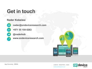 App Economy - MENA LONDON - SINGAPORE – DUBAI
OnDeviceResearch.com
Get in touch
Nader Kobeissi
nader@ondeviceresearch.com
...