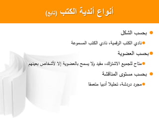‫الكتب‬ ‫أندٌةĬ ‫أنواع‬(‫تابع‬)
‫ل‬ ‫ش‬ ‫حلب‬
‫ة‬ ‫ملم‬ ‫وب‬ ‫ي‬ ‫ن‬ ‫قمية‬ ‫وب‬ ‫ي‬ ‫ن‬
‫ية‬ ‫ض‬ ‫حلب‬
‫ينهم‬ ‫ص‬ ‫ألشن‬ ‫إ‬ ‫ية‬ ‫ض‬ ‫يلمح‬ ‫مقي‬ ‫ك‬ ‫شو‬ ‫ميع‬ ‫ل‬ ‫ح‬ ‫مو‬
‫قشة‬ ‫من‬ ‫ى‬ ‫ملو‬ ‫حلب‬
‫مق‬ ‫مو‬ ‫ي‬ ‫أ‬ ‫وحليال‬ ‫شة‬ ‫م‬
 