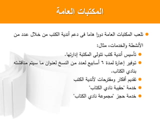 ‫العامة‬ ‫المكتبات‬
‫ون‬‫م‬ ‫و‬ ‫والل‬‫ن‬ ‫من‬ ‫وب‬ ‫ية‬ ‫أن‬ ‫م‬ ‫فى‬ ‫م‬ ‫مة‬ ‫ت‬ ‫و‬ ‫م‬ ‫ب‬ ‫ول‬
‫ل‬ ‫مث‬ ‫ت‬ ‫م‬ ‫ن‬ ‫ألنشطة‬:
‫وه‬ ‫إ‬ ‫ة‬ ‫و‬ ‫م‬ ‫ى‬ ‫وو‬ ‫وب‬ ‫ية‬ ‫أن‬ ‫وأليا‬.
‫ة‬ ‫و‬‫و‬‫م‬ ‫ة‬ ‫و‬‫و‬ ‫إ‬ ‫في‬ ‫و‬‫و‬‫و‬6‫ووه‬‫و‬‫ش‬‫ق‬ ‫من‬ ‫ويوم‬‫و‬‫ل‬ ‫و‬‫و‬‫م‬ ‫ن‬ ‫و‬‫و‬‫ن‬ ‫وخ‬‫و‬‫ل‬‫ن‬ ‫ون‬‫و‬‫م‬ ‫و‬‫و‬ ‫يع‬ ‫و‬‫و‬‫ل‬‫أ‬
‫ب‬ ‫و‬ ‫ي‬ ‫ن‬.
‫وب‬ ‫ية‬ ‫ألن‬ ‫ت‬ ‫ح‬ ‫مقو‬ ‫أف‬ ‫يم‬ ‫وق‬
‫مة‬ ‫ن‬"‫ب‬ ‫و‬ ‫ي‬ ‫ن‬ ‫ة‬ ‫حقي‬"
‫ز‬ ‫ح‬ ‫مة‬ ‫ن‬"‫ب‬ ‫و‬ ‫ي‬ ‫ن‬ ‫ة‬ ‫م‬ ‫م‬"
 