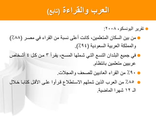 ‫والقراءة‬ ‫العرب‬(‫تابع‬)
،‫اليونسكو‬ ‫تقرير‬2008:
‫مصار‬ ‫في‬ ‫القراء‬ ‫من‬ ‫نسبة‬ ‫أعلى‬ ‫كانت‬ ،‫المتعلمين‬ ‫السكان‬ ‫بين‬ ‫من‬(88:)
‫السعودية‬ ‫العربية‬ ‫والمملكة‬(94:.)
‫يقارأ‬ ، ‫المسا‬ ‫شاملها‬ ‫التاي‬ ‫التساع‬ ‫البلادان‬ ‫جميع‬ ‫في‬3‫كال‬ ‫مان‬4‫أشاخا‬
‫بانتظام‬ ‫متعلمين‬ ‫عربيين‬.
90‫والمجالت‬ ‫للصحف‬ ‫العاديين‬ ‫القراء‬ ‫من‬ :.
85‫خاالل‬ ‫كتاباا‬ ‫األقال‬ ‫علاى‬ ‫قارأوا‬ ‫االساتطالع‬ ‫شملهم‬ ‫الذين‬ ‫العرب‬ ‫من‬ :
‫الـ‬12‫الماضية‬ ‫شهرا‬.
 