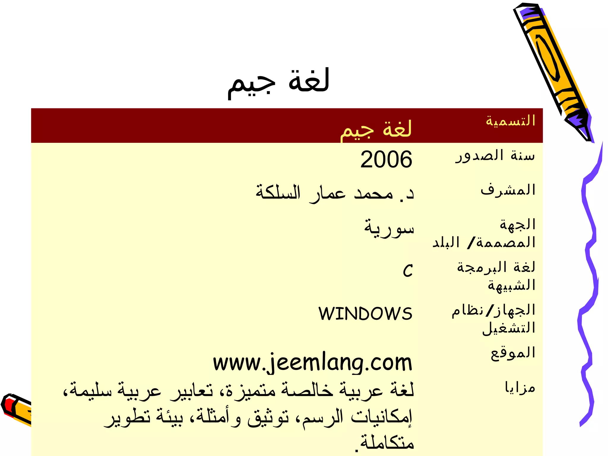 ‫جيم‬ ‫لغة‬
‫جيم‬ ‫لغة‬ ‫التسمية‬
2006 ‫الصدور‬ ‫سنة‬
‫السلكة‬ ‫عمار‬ ‫محمد‬ .‫د‬ ‫المشرف‬
‫سورية‬ ‫الجهة‬
/‫البلد‬ ‫المصممة‬
C ‫البرمجة‬ ‫لغة‬
‫الشبيهة‬
WINDOWS /‫نظام‬ ‫الجهاز‬
‫التشغيل‬
www.jeemlang.com
‫الموقع‬
‫م‬ ‫خالصة‬ ‫عربية‬ ‫لغة‬‫ت‬‫تعابير‬ ،‫ميزة‬،‫سليمة‬ ‫عربية‬
‫تطوير‬ ‫بيئة‬ ،‫وأمثلة‬ ‫توثيق‬ ،‫الرسم‬ ‫إمكانيات‬
.‫متكاملة‬
‫مزايا‬
 