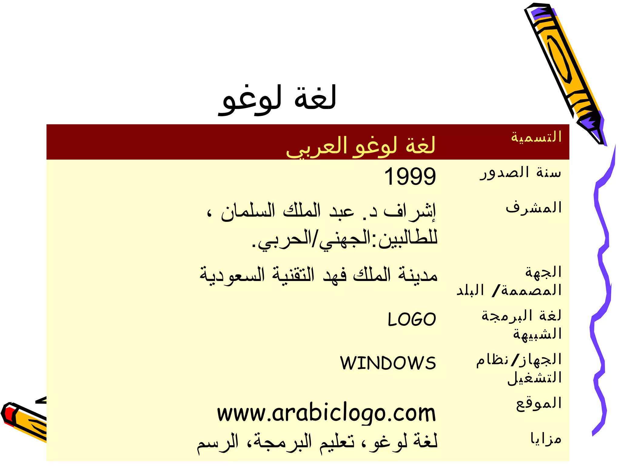 ‫لوغو‬ ‫لغة‬
‫العربي‬ ‫لوغو‬ ‫لغة‬ ‫التسمية‬
1999 ‫الصدور‬ ‫سنة‬
‫السلمان‬ ‫الملك‬ ‫عبد‬ .‫د‬ ‫إشراف‬،
.‫للطالبين:الجهني/الحربي‬
‫المشرف‬
‫السعودية‬ ‫التقنية‬ ‫فهد‬ ‫الملك‬ ‫مدينة‬ ‫الجهة‬
/‫البلد‬ ‫المصممة‬
LOGO ‫البرمجة‬ ‫لغة‬
‫الشبيهة‬
WINDOWS /‫نظام‬ ‫الجهاز‬
‫التشغيل‬
www.arabiclogo.com
‫الموقع‬
‫الرسم‬ ،‫البرمجة‬ ‫تعليم‬ ،‫لوغو‬ ‫لغة‬ ‫مزايا‬
 