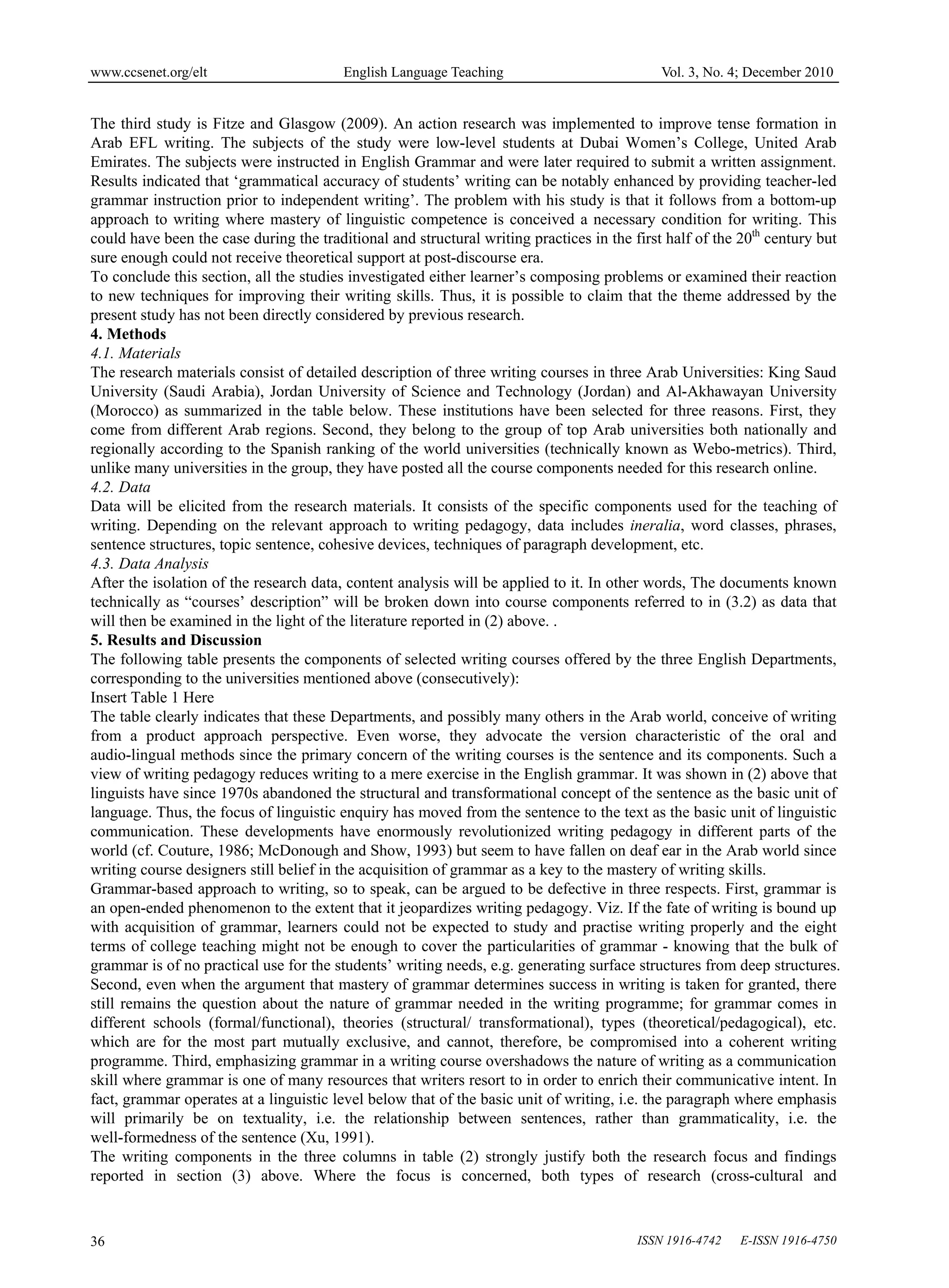 www.ccsenet.org/elt                      English Language Teaching                          Vol. 3, No. 4; December 2010


The third study is Fitze and Glasgow (2009). An action research was implemented to improve tense formation in
Arab EFL writing. The subjects of the study were low-level students at Dubai Women’s College, United Arab
Emirates. The subjects were instructed in English Grammar and were later required to submit a written assignment.
Results indicated that ‘grammatical accuracy of students’ writing can be notably enhanced by providing teacher-led
grammar instruction prior to independent writing’. The problem with his study is that it follows from a bottom-up
approach to writing where mastery of linguistic competence is conceived a necessary condition for writing. This
could have been the case during the traditional and structural writing practices in the first half of the 20th century but
sure enough could not receive theoretical support at post-discourse era.
To conclude this section, all the studies investigated either learner’s composing problems or examined their reaction
to new techniques for improving their writing skills. Thus, it is possible to claim that the theme addressed by the
present study has not been directly considered by previous research.
4. Methods
4.1. Materials
The research materials consist of detailed description of three writing courses in three Arab Universities: King Saud
University (Saudi Arabia), Jordan University of Science and Technology (Jordan) and Al-Akhawayan University
(Morocco) as summarized in the table below. These institutions have been selected for three reasons. First, they
come from different Arab regions. Second, they belong to the group of top Arab universities both nationally and
regionally according to the Spanish ranking of the world universities (technically known as Webo-metrics). Third,
unlike many universities in the group, they have posted all the course components needed for this research online.
4.2. Data
Data will be elicited from the research materials. It consists of the specific components used for the teaching of
writing. Depending on the relevant approach to writing pedagogy, data includes ineralia, word classes, phrases,
sentence structures, topic sentence, cohesive devices, techniques of paragraph development, etc.
4.3. Data Analysis
After the isolation of the research data, content analysis will be applied to it. In other words, The documents known
technically as “courses’ description” will be broken down into course components referred to in (3.2) as data that
will then be examined in the light of the literature reported in (2) above. .
5. Results and Discussion
The following table presents the components of selected writing courses offered by the three English Departments,
corresponding to the universities mentioned above (consecutively):
Insert Table 1 Here
The table clearly indicates that these Departments, and possibly many others in the Arab world, conceive of writing
from a product approach perspective. Even worse, they advocate the version characteristic of the oral and
audio-lingual methods since the primary concern of the writing courses is the sentence and its components. Such a
view of writing pedagogy reduces writing to a mere exercise in the English grammar. It was shown in (2) above that
linguists have since 1970s abandoned the structural and transformational concept of the sentence as the basic unit of
language. Thus, the focus of linguistic enquiry has moved from the sentence to the text as the basic unit of linguistic
communication. These developments have enormously revolutionized writing pedagogy in different parts of the
world (cf. Couture, 1986; McDonough and Show, 1993) but seem to have fallen on deaf ear in the Arab world since
writing course designers still belief in the acquisition of grammar as a key to the mastery of writing skills.
Grammar-based approach to writing, so to speak, can be argued to be defective in three respects. First, grammar is
an open-ended phenomenon to the extent that it jeopardizes writing pedagogy. Viz. If the fate of writing is bound up
with acquisition of grammar, learners could not be expected to study and practise writing properly and the eight
terms of college teaching might not be enough to cover the particularities of grammar - knowing that the bulk of
grammar is of no practical use for the students’ writing needs, e.g. generating surface structures from deep structures.
Second, even when the argument that mastery of grammar determines success in writing is taken for granted, there
still remains the question about the nature of grammar needed in the writing programme; for grammar comes in
different schools (formal/functional), theories (structural/ transformational), types (theoretical/pedagogical), etc.
which are for the most part mutually exclusive, and cannot, therefore, be compromised into a coherent writing
programme. Third, emphasizing grammar in a writing course overshadows the nature of writing as a communication
skill where grammar is one of many resources that writers resort to in order to enrich their communicative intent. In
fact, grammar operates at a linguistic level below that of the basic unit of writing, i.e. the paragraph where emphasis
will primarily be on textuality, i.e. the relationship between sentences, rather than grammaticality, i.e. the
well-formedness of the sentence (Xu, 1991).
The writing components in the three columns in table (2) strongly justify both the research focus and findings
reported in section (3) above. Where the focus is concerned, both types of research (cross-cultural and



36                                                                                      ISSN 1916-4742   E-ISSN 1916-4750
 