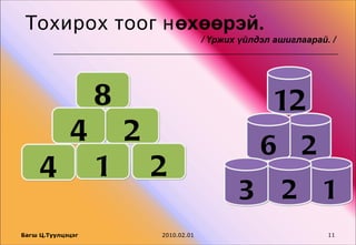 Тохирох тоог нөхөөрэй.
                                        / Үржих үйлдэл ашиглаарай. /




                   8                                  12
             4         2                            6 2
     4             1       2
                                               3 2 1
Багш Ц.Туулцэцэг           2010.02.01                             11
 