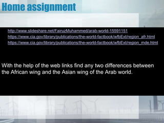 Home assignment
• http://www.slideshare.net/FairuzMuhammed/arab-world-15591151
• https://www.cia.gov/library/publications/the-world-factbook/wfbExt/region_afr.html
• https://www.cia.gov/library/publications/the-world-factbook/wfbExt/region_mde.html
With the help of the web links find any two differences between
the African wing and the Asian wing of the Arab world.
 