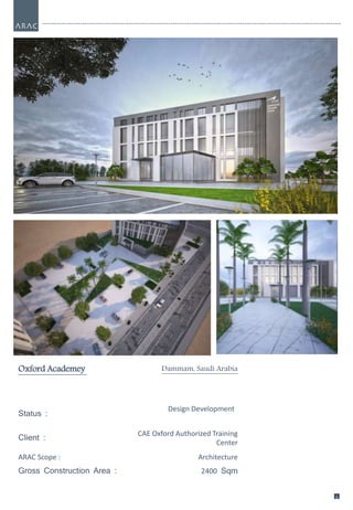 1
1
1
1
Oxford Academey Dammam, Saudi Arabia
Status :
Design Development
Client :
CAE Oxford Authorized Training
Center
ARAC Scope : Architecture
Gross Construction Area : 2400 Sqm
 