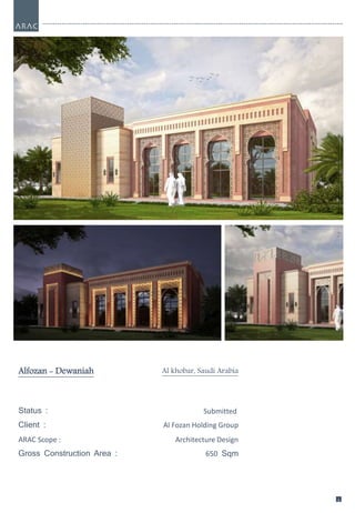 1
5
1
5
Alfozan - Dewaniah Al khobar, Saudi Arabia
Status : Submitted
Client : Al Fozan Holding Group
ARAC Scope : Architecture Design
Gross Construction Area : 650 Sqm
 