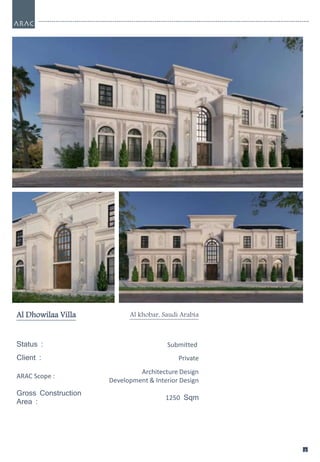2
6
2
6
Al Dhowilaa Villa Al khobar, Saudi Arabia
Status : Submitted
Client : Private
ARAC Scope :
Architecture Design
Development & Interior Design
Gross Construction
Area :
1250 Sqm
 