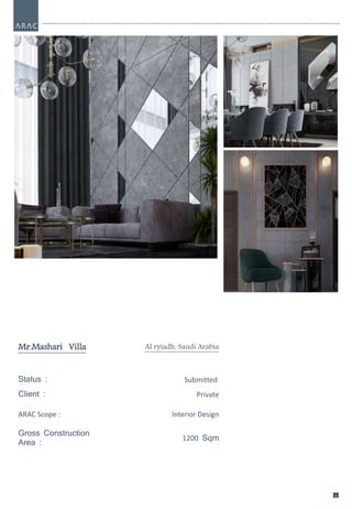 2
7
2
7
Mr.Mashari Villa Al ryiadh, Saudi Arabia
Status : Submitted
Client : Private
ARAC Scope : Interior Design
Gross Construction
Area :
1200 Sqm
 