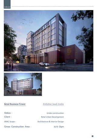 66
Retal Business Tower Al khobar, Saudi Arabia
Status : Under construction
Client : Retal Urban Development
ARAC Scope : Architecture & Interior Design
Gross Construction Area : 3670 Sqm
 