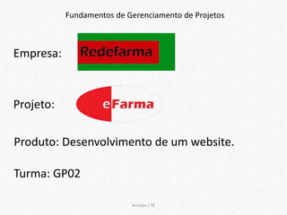 Fundamentos de Gerenciamento de Projetos



Empresa:



Projeto:

Produto: Desenvolvimento de um website.

Turma: GP02

                           Aracaju / SE
 