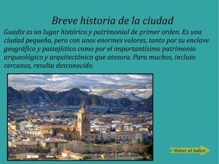 Breve historia de la ciudad
Guadix es un lugar histórico y patrimonial de primer orden. Es una
ciudad pequeña, pero con unos enormes valores, tanto por su enclave
geográfico y paisajístico como por el importantísimo patrimonio
arqueológico y arquitectónico que atesora. Para muchos, incluso
cercanos, resulta desconocido.
Volver al indice
 