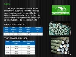Cabilla.
Es un producto de acero con núcleo
circular cuya superficie presenta salientes
regularmente espaciados con el fin de
aumentar la adherencia con el concreto Se
utiliza fundamentalmente como refuerzo en
las construcciones de concreto armado.
PROPÌEDADES FISICAS
PROPIEDADES QUIMICAS
 