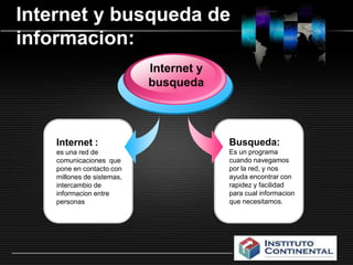 www.themegallery.comInternet y busqueda de informacion:Internet y busqueda Busqueda:Es un programa cuando navegamos por la red, y nos ayuda encontrar con rapidez y facilidad para cual informacion que necesitamos.Internet :es una red de  comunicaciones  que pone en contacto con millones de sistemas, intercambio de informacion entre personas