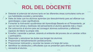  Detectar el potencial del alumno tanto en las diferentes áreas curriculares como en
sus habilidades sociales y personales.
 Debe de tratar que los alumnos aprendan por descubrimiento para así afianzar sus
aprendizajes y sean significativos.
 Fomentar la motivación ayudándose del Aprendizaje Basado en el Pensamiento, ya
que con las rutinas y destrezas del pensamiento el alumno aprende más y mejor.
 Dar autonomía al alumno para así conseguir alumnos autónomos y reflexivos.
capaces de liderar su propia vida.
 Enseñar y aprender a pensar, dotando al ambiente del proceso de un carácter crítico
y participativo.
 Responder y solucionar las dudas que tengan los alumnos.
 Proporcionar retroalimentación periódicamente.
 Proporcionar motivación y recordar las tareas a lo largo del curso.
 Identificar los obstáculos y dificultades que se presentan para ofrecer la ayuda
necesaria al alumno.
 